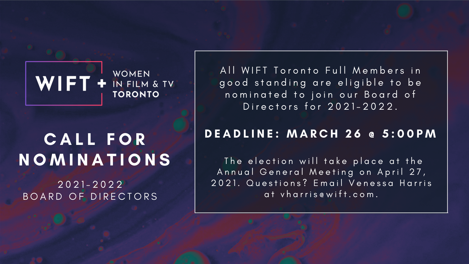 Call for nominations: 2021-2022 WIFT Toronto Board of Directors